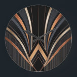 Art Deco Metallic Geometric Elegance Large Clock<br><div class="desc">This abstract Art Deco design exudes luxury and sophistication with its sweeping metallic arcs in gold, copper, and grey against a deep black background. Symmetrical curves converge towards a central focal point, framed by sharp angular lines and vertical patterns, evoking glamour and retro elegance. Perfect for elevating home decor, office...</div>