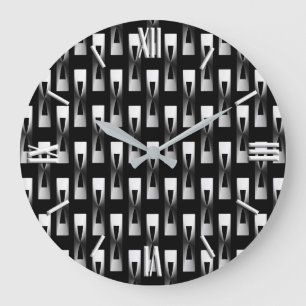 Art Deco Metallic Geometric - Silver and Black Large Clock