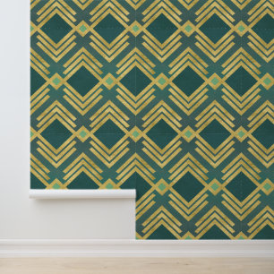 Art Deco Metallic Gold on Green, Retro Opulent Wallpaper