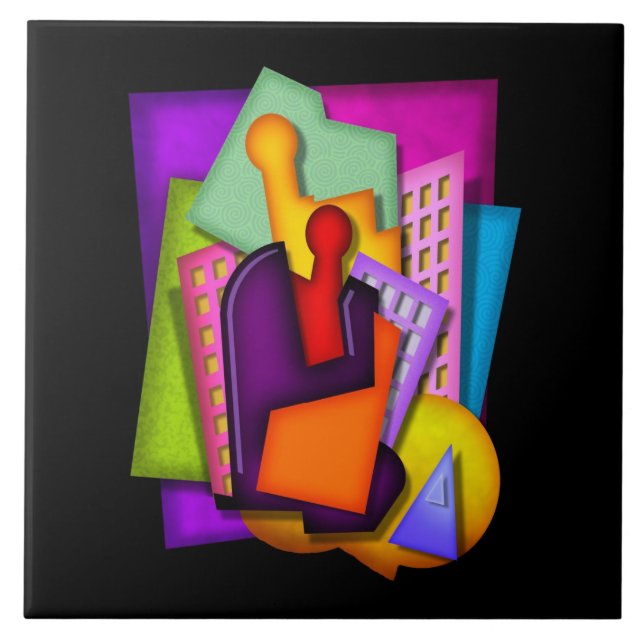 art deco metropolis abstract painting ceramic tile (Front)