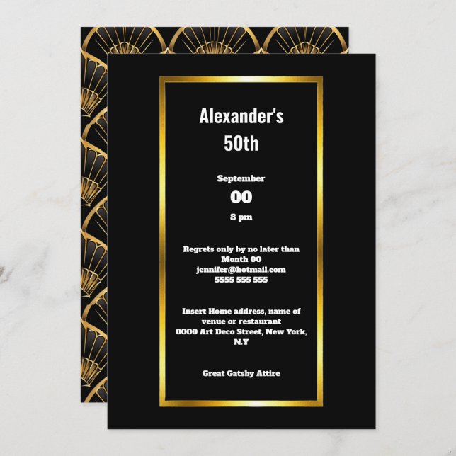 Art deco minimalist plain black gold gatsby theme invitation (Front/Back)