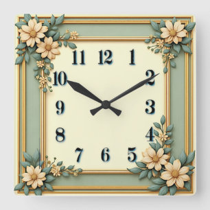Art Deco Mint Flower Square Wall Clock
