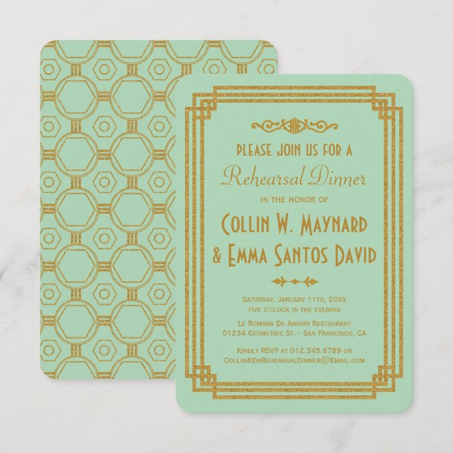 Art Deco Mint Rehearsal Dinner Invites (Front/Back)