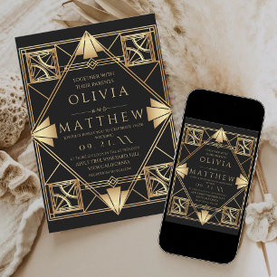 Art Deco Modern Black and Gold Geometric Wedding Invitation