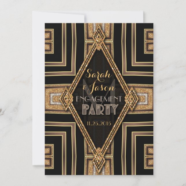 Art Deco Modern Black Gold Engagement Party Invitation (Front)