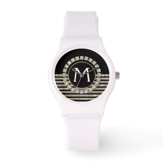 Art Deco Modern Horizontal Stripe Glitter Look Watch (Front)
