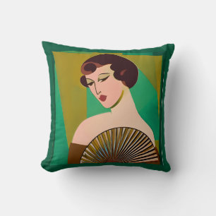 Art Deco Modern Lady with a Fan Cushion