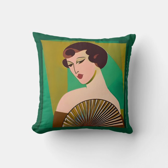 Art Deco Modern Lady with a Fan Cushion (Front)