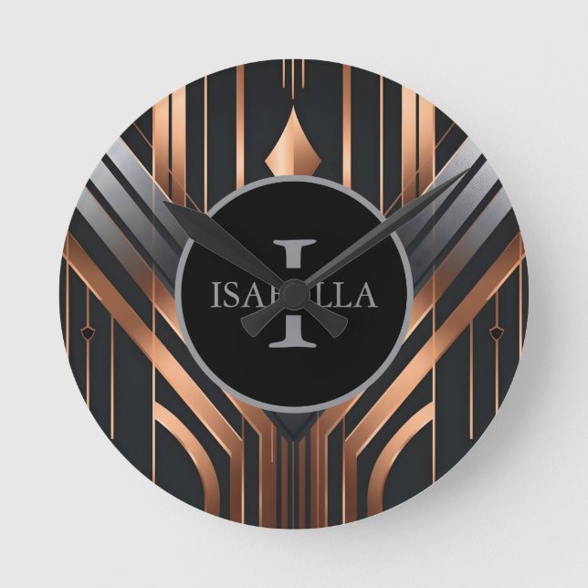 Art Deco Monogram Circle Name Design Round Clock (Front)