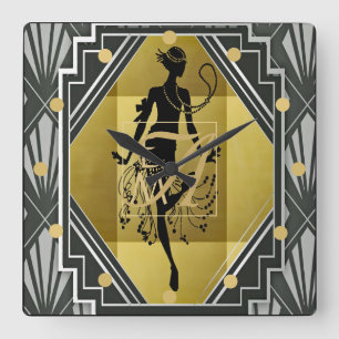 Art Deco Monogram Flapper 1920s Woman Black Gold Square Wall Clock