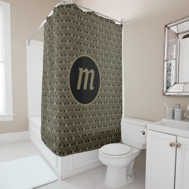 Art Deco Monogram Gold and Black Shower Curtain (In Situ)