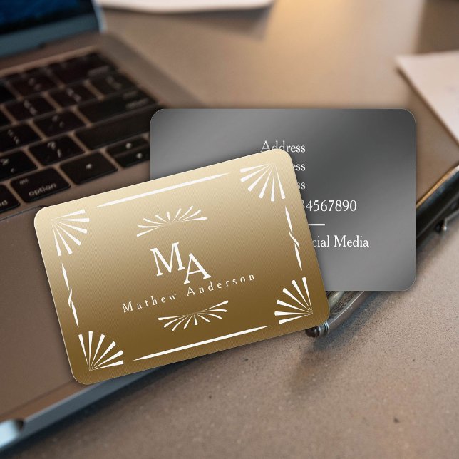 Art Deco Monogram Gold Personal  Business Card (Chic stylish art deco gold monogram business card.)