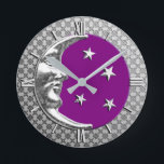 Art Deco Moon and Stars, Amethyst and Silver Round Clock<br><div class="desc">Clock in a classic Art Deco moon and stars design in brushed silver with an enamel look,  amethyst purple background</div>