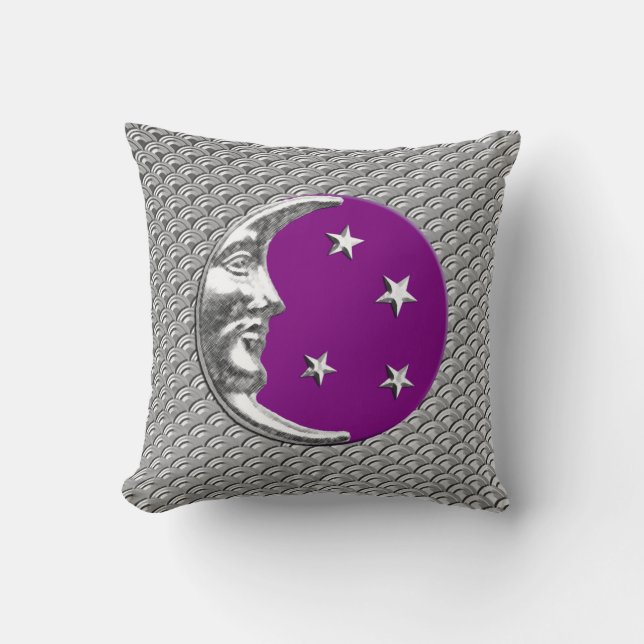 Art Deco Moon and stars - Amethyst Purple & Silver Cushion (Front)