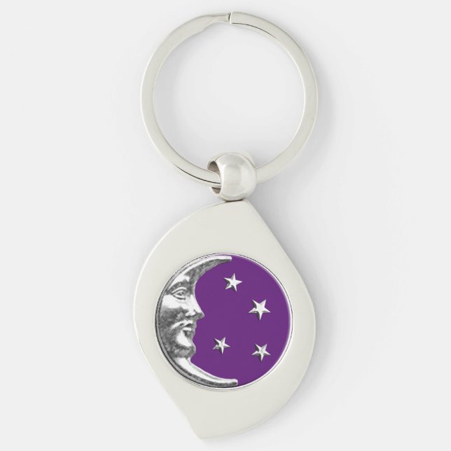 Art Deco Moon and Stars - Amethyst Purple & Silver Key Ring (Front)