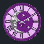 Art Deco Moon and Stars - Amethyst Purple & Silver Large Clock<br><div class="desc">Classic Art Deco moon and stars design in brushed silver on enamel look, deep amethyst purple with a light orchid background</div>