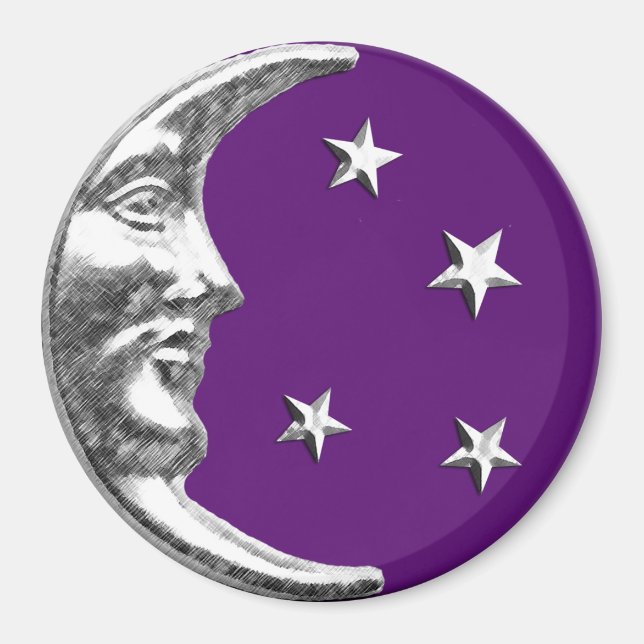 Art Deco Moon and Stars - Amethyst Purple & Silver Magnet (Front)