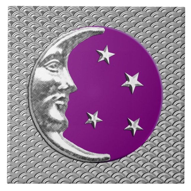 Art Deco Moon and stars - Amethyst Purple & Silver Tile (Front)