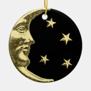 Art Deco Moon and Stars - Black and Gold Ceramic Ornament