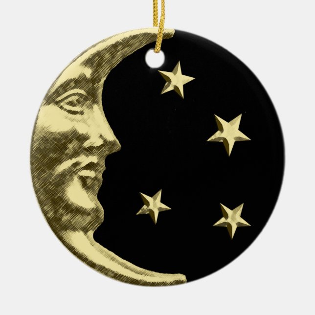 Art Deco Moon and Stars - Black and Gold Ceramic Ornament (Front)