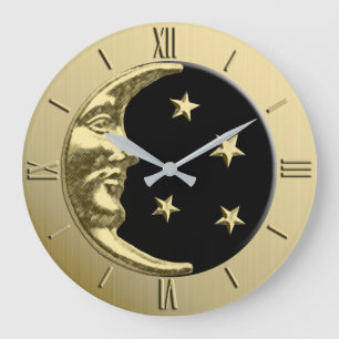 Art Deco Moon and Stars - Black and Gold Large Clock