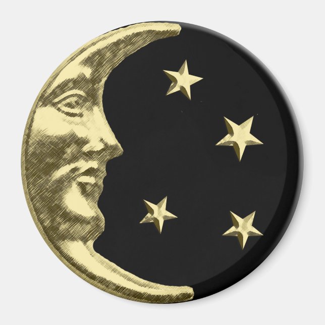 Art Deco Moon and Stars - Black and Gold Magnet (Front)
