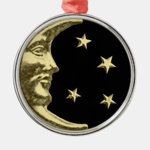 Art Deco Moon and Stars - Black and Gold Metal Ornament