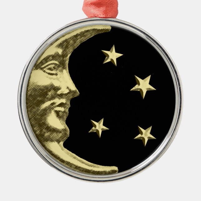 Art Deco Moon and Stars - Black and Gold Metal Ornament (Front)