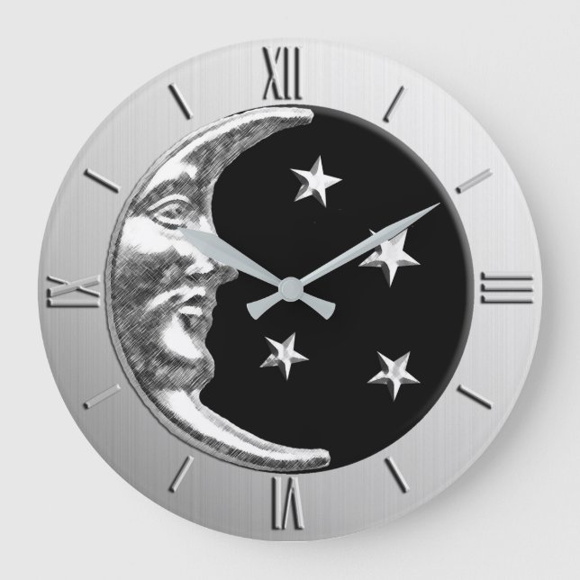 Art Deco Moon and Stars - Black and Silver Large Clock (Front)