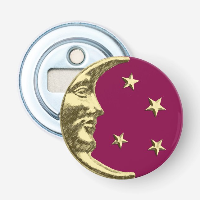 Art Deco Moon and Stars - Burgundy and Gold Bottle Opener (Front)