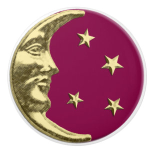 Art Deco Moon and stars - Burgundy and Gold Ceramic Knob