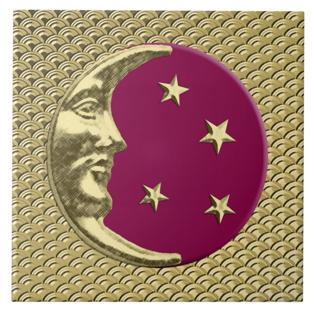 Art Deco Moon and stars - Burgundy and Gold Ceramic Tile (Front)