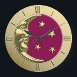 Art Deco Moon and Stars - Burgundy and Gold Large Clock<br><div class="desc">Classic Art Deco moon and stars design in brushed gold,  with an enamel look,  burgundy wine / plum  coloured background</div>