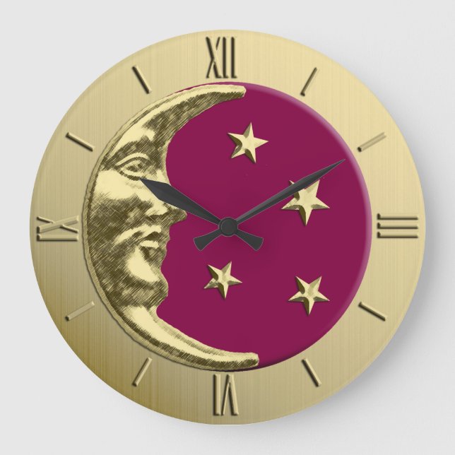 Art Deco Moon and Stars - Burgundy and Gold Large Clock (Front)