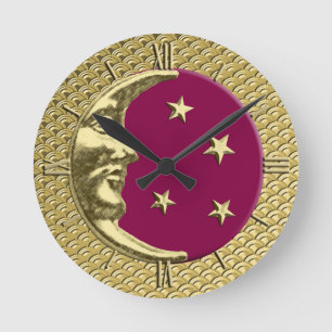 Art Deco Moon and Stars, Burgundy and Gold Round Clock