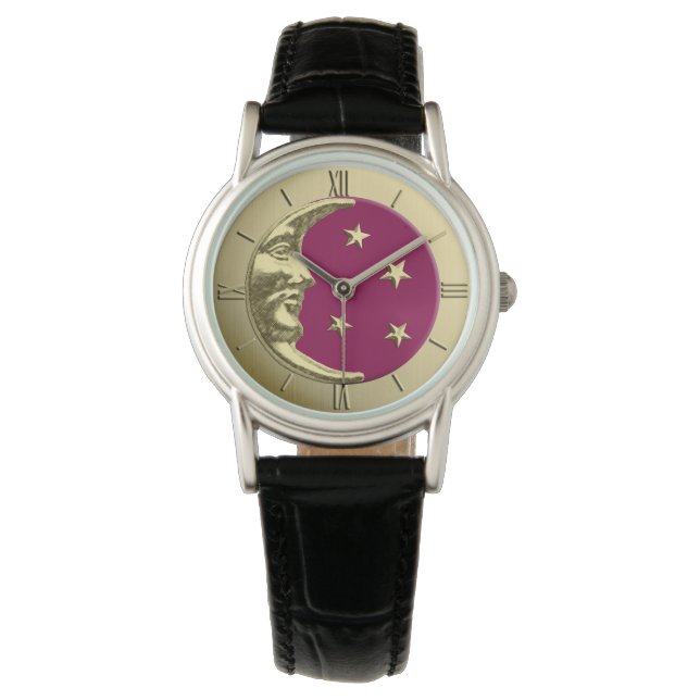 Art Deco Moon and Stars - Burgundy and Gold Watch (Front)