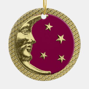 Art Deco Moon and Stars Burgundy & Gold Background Ceramic Ornament