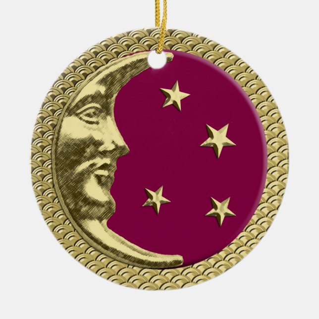 Art Deco Moon and Stars Burgundy & Gold Background Ceramic Ornament (Front)