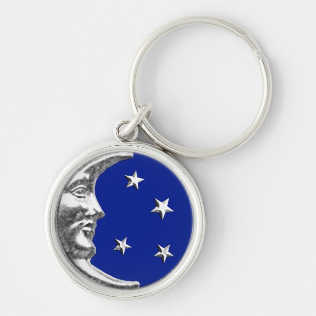 Art Deco Moon and Stars - Cobalt Blue and Silver Key Ring (Front)