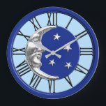 Art Deco Moon and Stars - Cobalt Blue and Silver Large Clock<br><div class="desc">Classic Art Deco moon and stars design in brushed silver on enamel look,  cobalt blue with a light sky blue background</div>