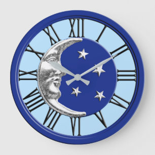 Art Deco Moon and Stars - Cobalt Blue and Silver Large Clock