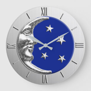 Art Deco Moon and Stars - Cobalt Blue and Silver Large Clock