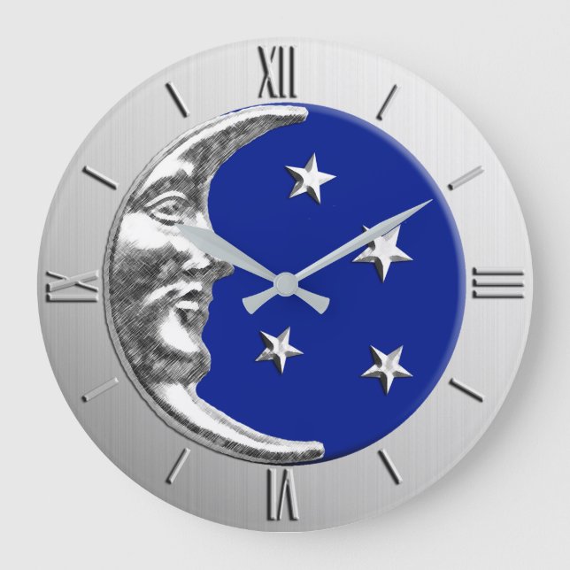 Art Deco Moon and Stars - Cobalt Blue and Silver Large Clock (Front)