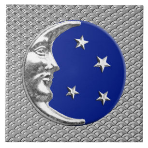 Art Deco Moon and stars - Cobalt Blue and Silver Tile