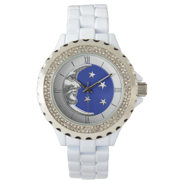 Art Deco Moon and Stars - Cobalt Blue and Silver Watch (Front)