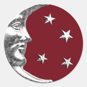 Art Deco Moon and Stars - Dark Red and Silver Classic Round Sticker