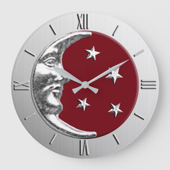Art Deco Moon and Stars - Dark Red and Silver Large Clock (Front)