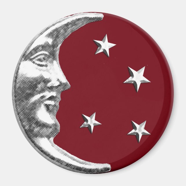 Art Deco Moon and Stars - Dark Red and Silver Magnet (Front)