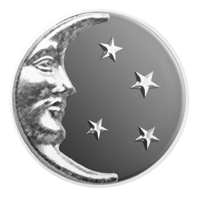 Art Deco Moon and stars - Grey / Grey and Silver Ceramic Knob (Front)