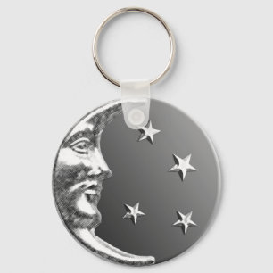 Art Deco Moon and Stars - Grey / Grey and Silver Key Ring